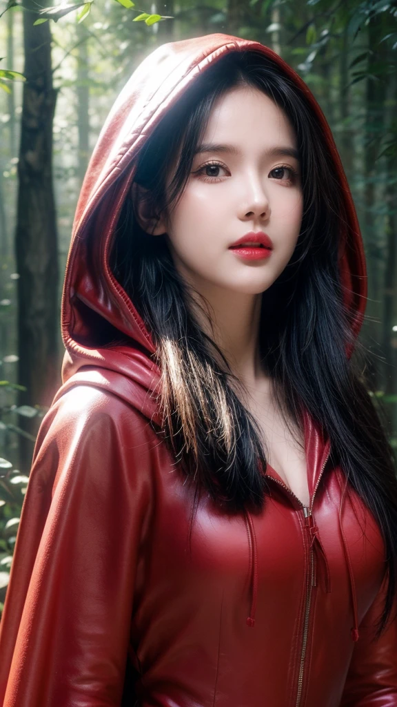 Close-up portrait of NewLaraCroft in the forest, (Backlight), Practical, masterpiece, best quality, ((Red hooded cape)), ((scared )), lens flare, shadow, Bloom, (( flash)), [Chromatic Aberration], go through Jeremy Lipking, go through Antonio J. Manzanedo, go through (Alphonse Mucha), number
