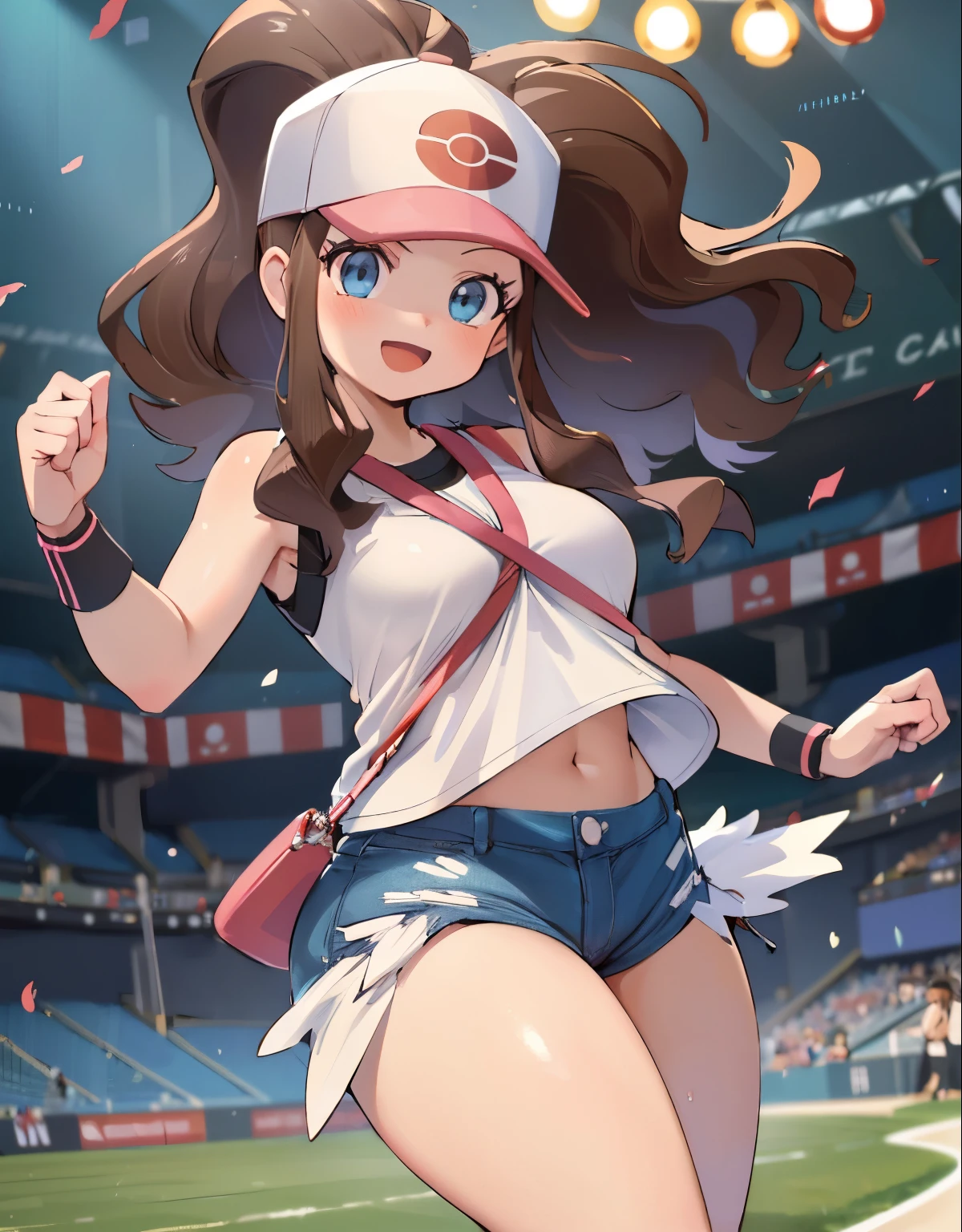 (best quality, highres, masterpiece:1.2), ultra-detailed, realistic:1.37, sketches, hilda pokemon, def1, curvy, visible thighs, chubby thighs, thighs in the foreground, body shape, loved look, smile, open mouth, encanto femenino,  in a stadium, dinamic pose