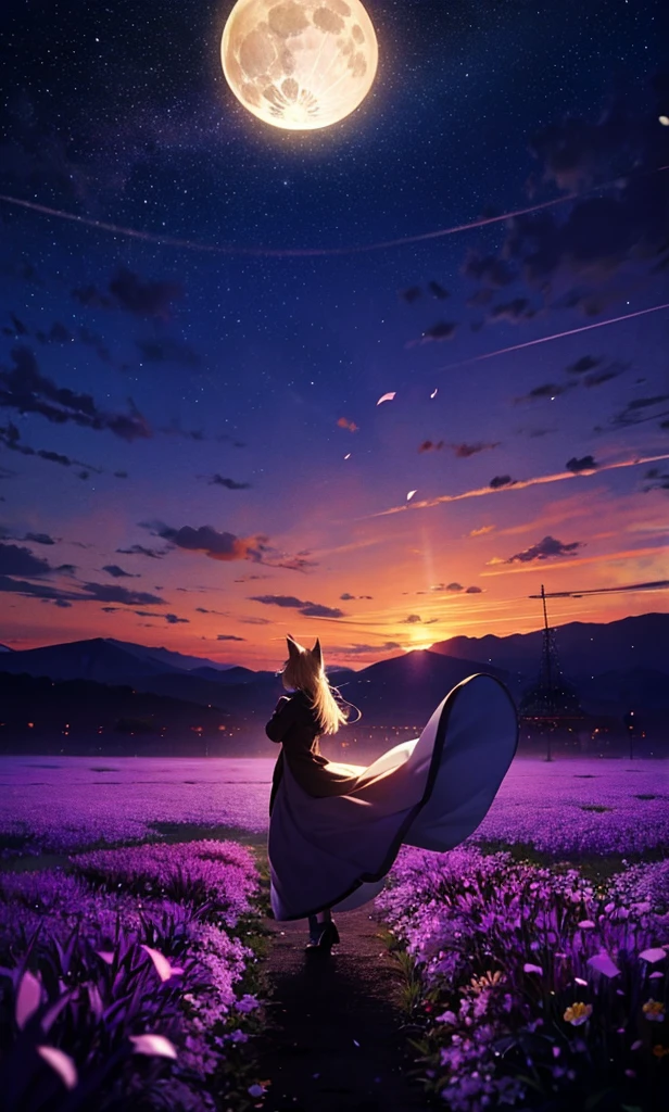 1people々々々々々々,Woman with medium length blonde hair,Fox Ears,Long coat,Takageta, Dress Silhouette, Rear View,Space Sky, Full moon background,Flower Field,Colorful flowers,Dancing Petals,