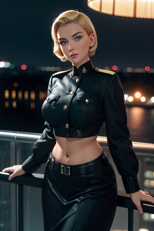 film portrait of an attractive police woman, 1950s vintage, (film grain, 35mm), black uniform, midriff, huge hips, blonde short hair, blue eyes, hotel balcony, rainy weather, nighttime