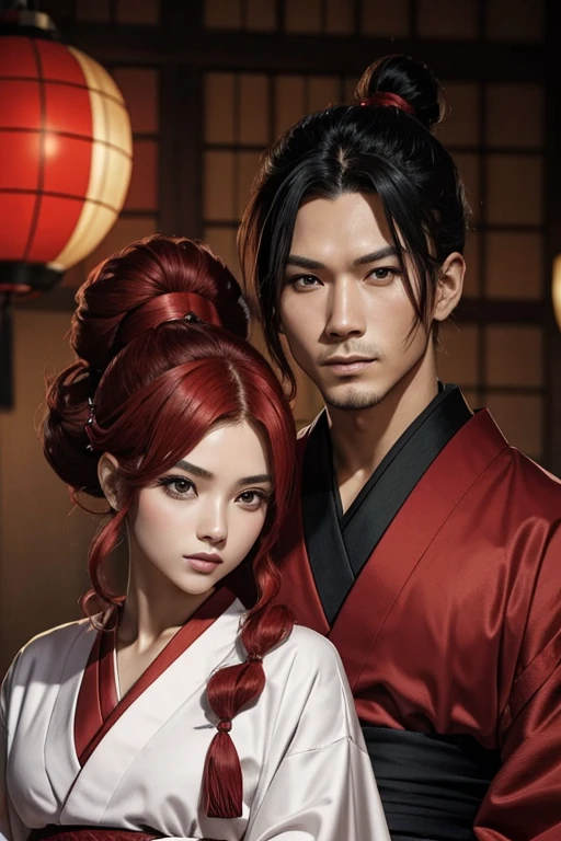 Un hombre pelirojo cabello medio largo con traje ninja y mujer peliroja cabello largo con kimono que son de una clan del antiguo japon que son pareja