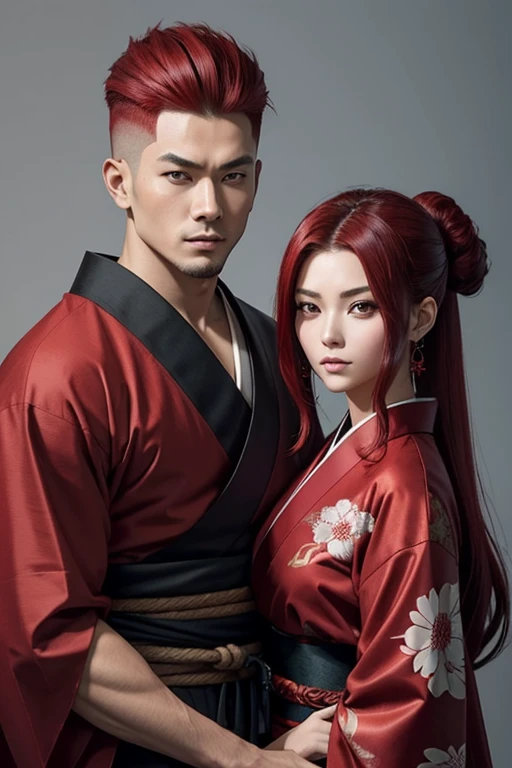 Un hombre pelirojo cabello medio largo con traje ninja y mujer peliroja cabello largo con kimono que son de una clan del antiguo japon los dos son primos y pareja por eso se parecen