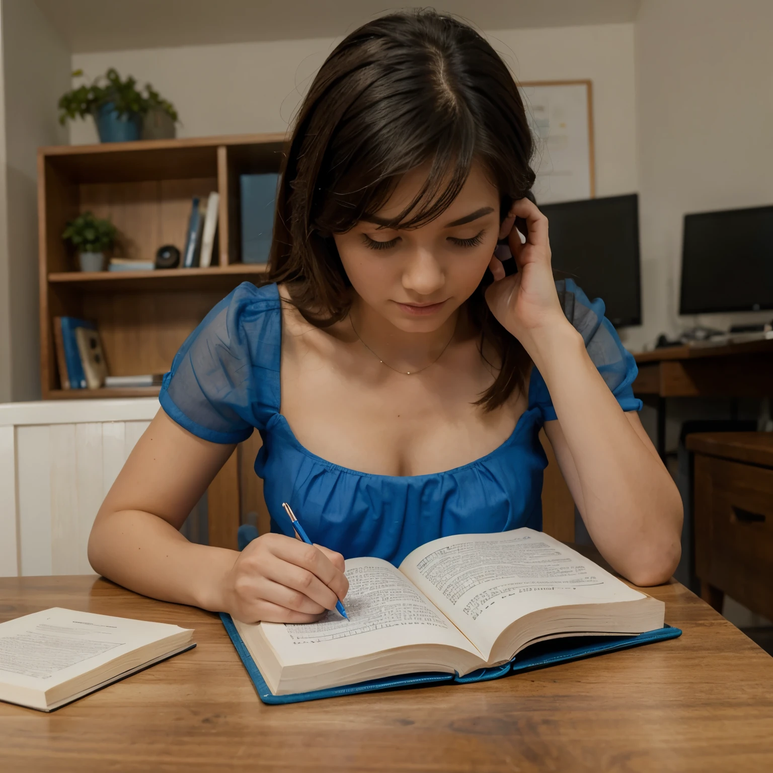 in blue dress doing homework