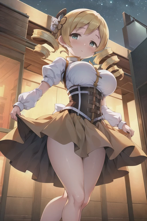 (((masterpiece))), ((highest quality)), (Very detailed), ((High resolution)), ((8k)), One Woman, Big Breasts, Twin tails, Drill Hair, (Golden Hair), Very cute woman, delicate, Focus on women, she, cool face, Best moment, low length, (Golden Eyes), Thighs, Waistline, Beautiful Skin, delicateな腕, whole body, Detailed skin texture, Intricate details, Very detailedな顔, Beautiful Eyes, Big Eyes, (Mami Tomoe), Magical girl, Night cityscape, Beautiful legs, With a musket in his hand, A brave figure, Stand up straight,