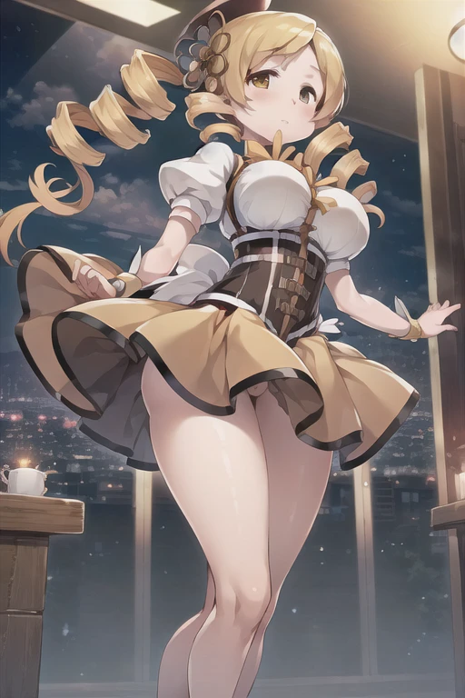 (((masterpiece))), ((highest quality)), (Very detailed), ((High resolution)), ((8k)), One Woman, Big Breasts, Twin tails, Drill Hair, (Golden Hair), Very cute woman, delicate, Focus on women, she, cool face, Best moment, low length, (Golden Eyes), Thighs, Waistline, Beautiful Skin, delicateな腕, whole body, Detailed skin texture, Intricate details, Very detailedな顔, Beautiful Eyes, Big Eyes, (Mami Tomoe), Magical girl, Night cityscape, Beautiful legs, With a musket in his hand, A brave figure, Stand up straight,