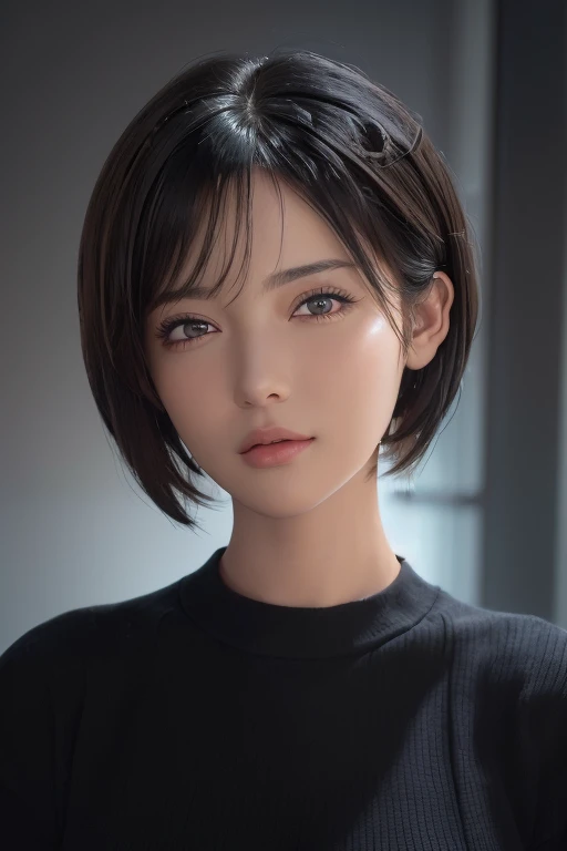 (masterpiece:1.3), (8k, photorealistic, RAW photo, best quality: 1.4), (1girl), beautiful face, (realistic face), (black hair, short hair:1.3), beautiful hairstyle, realistic eyes, beautiful detailed eyes, (realistic skin), beautiful skin, (sweater), absurdres, attractive, ultra high res, ultra realistic, highly detailed, golden ratio