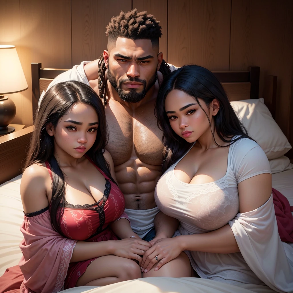 two young biracial sisters laying next to a muscular african man with a long beard, bed in a bedroom, happy, detail portrait shot 8k, high quality portrait, shot on sony a 7 iii, 8k portrait render, 8k photo