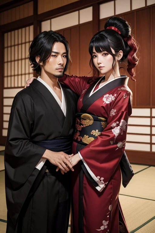 Un hombre cobrizo medio largo con traje ninja y mujer peliroja cabello largo con kimono que son de una clan del antiguo japon los dos son primos y pareja por eso se parecen