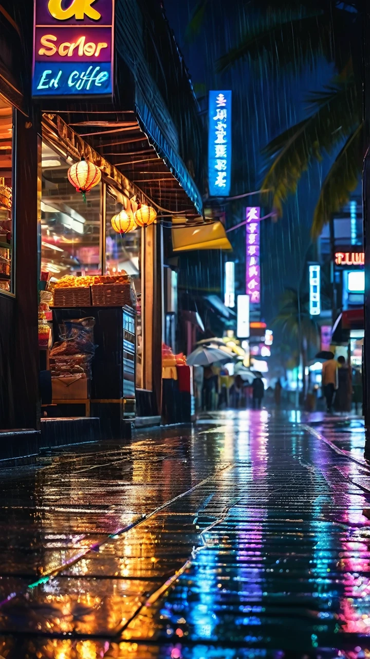 (best quality,4k,8k,highres,masterpiece:1.2),ultra-detailed,(realistic,photorealistic,photo-realistic:1.37),HDR,UHD,studio lighting,ultra-fine painting,sharp focus,physically-based rendering,extreme detail description,professional,vivid colors,bokeh,midnight convenience store,rain,night scene,neon lights,reflections in puddles,glowing storefront, silhouette,city streets,umbrellas,shimmering wet pavement,moody atmosphere,spilled fruits and vegetables on display,variety of snacks on shelves,smell of freshly brewed coffee,stacks of magazines,hanging lanterns,running cash register,flickering fluorescent lights,steamy windows,streets slick with rain,flickering streetlights, figure walking through the rain,umbrellas casting shadows,noise of raindrops hitting the pavement,dark corners and hidden alleys,palm trees swaying in the wind,blurred headlights passing by,wet footsteps leaving marks on the ground,serene yet mysterious,night owl,late night conversations,quiet and peaceful with a touch of nostalgia.