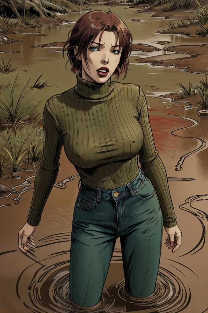 vector image, anime, mature  woman, gloomy orgasm, turtleneck and jeans, drowning in the middle of quicksand bog, green,red,sky, red lips, turns around, provocative photo session