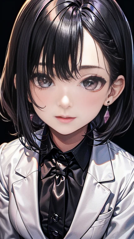 ((highest quality)), ((masterpiece)), (detailed), (Character Focus、breast focus), (One Girl: 1.1)、4k、((Symmetrical facial features)), Anime 2D Rendering, Realistic young anime woman,
Perfect Face, (Anime eyes:1.2、Beautiful fine details、Shining Eyes), Beautiful body, Beautiful thighs, Beautiful feet, White beautiful skin、Perfect round butt、 Small breasts、、10 year orple Hair、(Forehead、Short Perm Hair)、dark red eyes、Earrings、
(Black ribbon tie), (white collar dress shirt), (Black suit jacket:1.4), (black suit vest:1.4)、(Black shiny pencil mini skirt:1.4)、(Black Pantyhose:1.4)、(Black High Heels)
Captivating smile、turn around、office