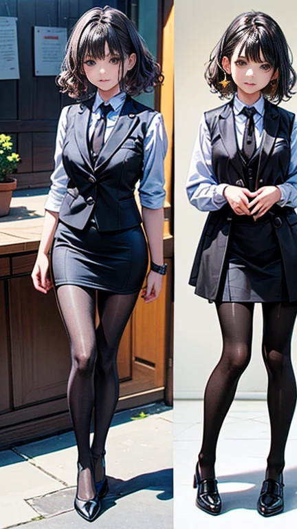 ((highest quality)), ((masterpiece)), (detailed), (Character Focus、breast focus), (One Girl: 1.1)、4k、((Symmetrical facial features)), Anime 2D Rendering, Realistic young anime woman,
Perfect Face, (Anime eyes:1.2、Beautiful fine details、Shining Eyes), Beautiful body, Beautiful thighs, Beautiful feet, White beautiful skin、Perfect round butt、 Small breasts、Baby Face、10 year old girl、
Purple Hair、(Forehead、Short Perm Hair)、dark red eyes、Earrings、
(Black ribbon tie), (white collar dress shirt), (Black suit jacket:1.4), (black suit vest:1.4)、(Black shiny pencil mini skirt:1.4)、(Black Pantyhose:1.4)、(Black High Heels)
Captivating smile、turn around、office