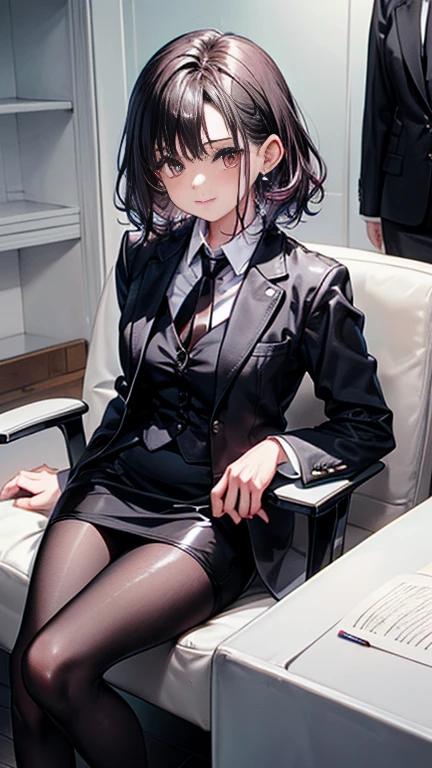((highest quality)), ((masterpiece)), (detailed), (Character Focus、breast focus), (One Girl: 1.1)、4k、((Symmetrical facial features)), Anime 2D Rendering, Realistic young anime woman,
Perfect Face, (Anime eyes:1.2、Beautiful fine details、Shining Eyes), Beautiful body, Beautiful thighs, Beautiful feet, White beautiful skin、Perfect round butt、 Small breasts、Baby Face、10 year old girl、
Purple Hair、(Forehead、Short Perm Hair)、dark red eyes、Earrings、
(Black ribbon tie), (white collar dress shirt), (Black suit jacket:1.4), (black suit vest:1.4)、(Black shiny pencil mini skirt:1.4)、(Black Pantyhose:1.4)、(Black High Heels)
Captivating smile、turn around、office