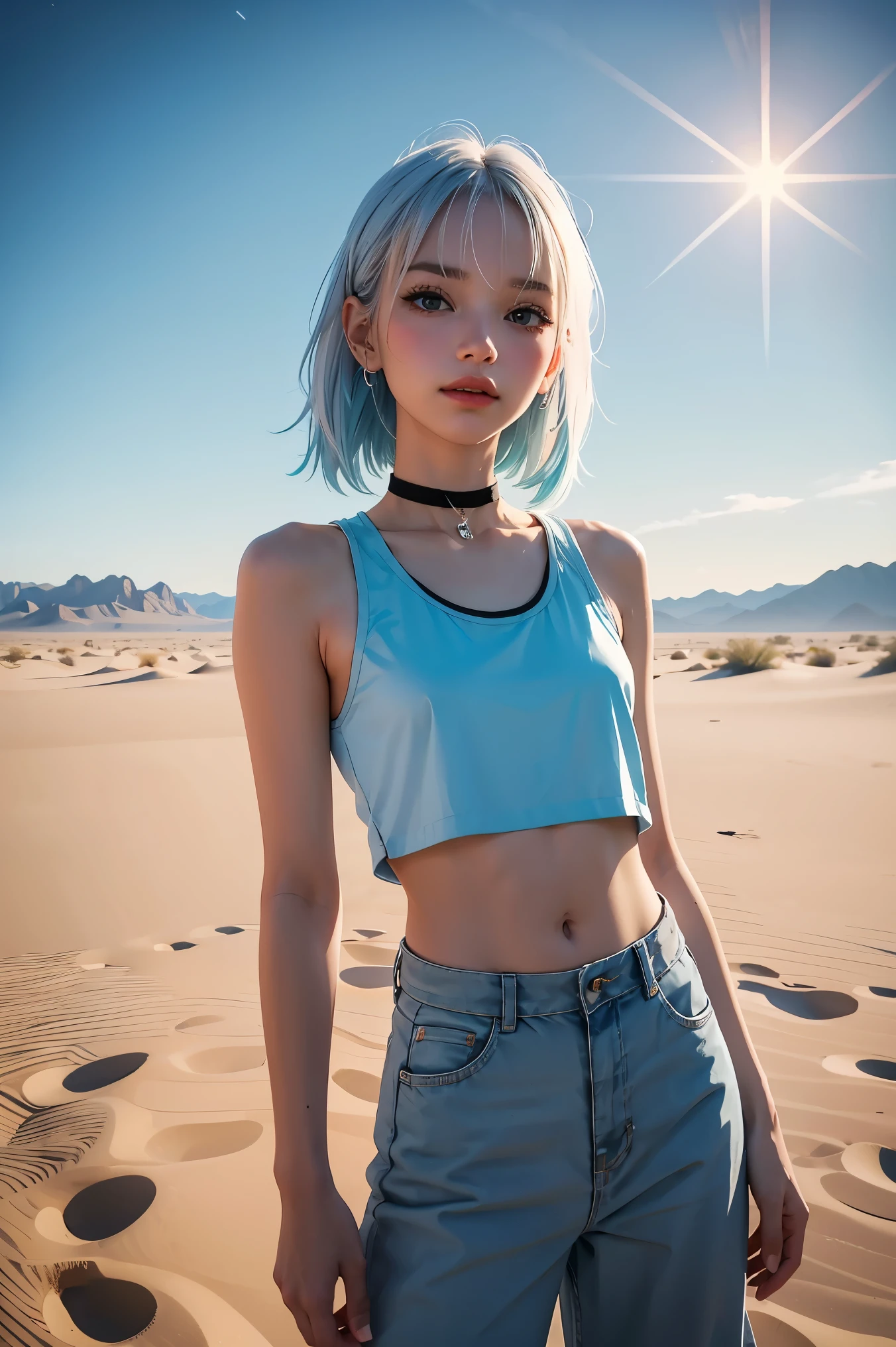 Wide drawing of a girl with pearly white hair, gazing forward, amidst a scene of a vast desert with oases that sparkle under the stars, girl as the central focus, She should have long, light blue hair and wear a tank top and cropped pants, Additionally, she should be wearing a choker as an accessory, The background should complement the character's beauty and style, (Schizowave), perhaps with a serene and dreamy landscape, soft pastel colors, and subtle lighting to enhance the overall aesthetic