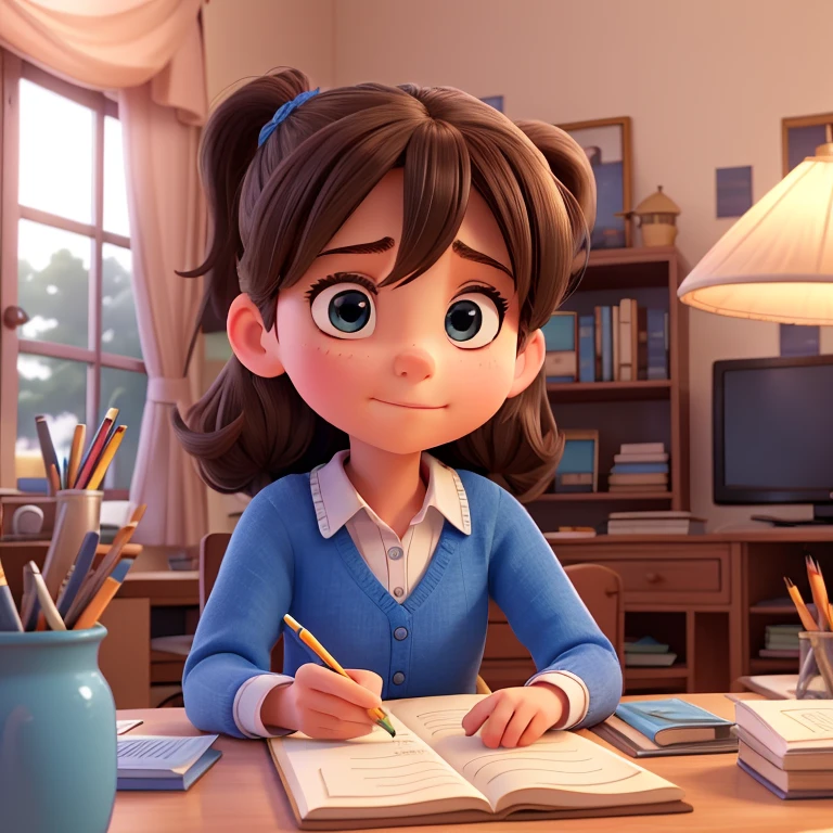 A charming , dressed in blue clothes, sits at her desk in the cozy living room. The soft glow of the table lamp illuminates her focused face as she diligently works on her homework. The pages of her notebook reflect the warm light, casting a gentle glow across the room. Her pigtails bounce slightly as she nods in thought, completely engrossed in the task at hand. The smell of fresh pencils and the sound of turning pages fill the air, creating a peaceful and productive atmosphere. The girl's determination is evident in her furrowed brow and the concentration in her eyes, as she strives for excellence in all that she does.