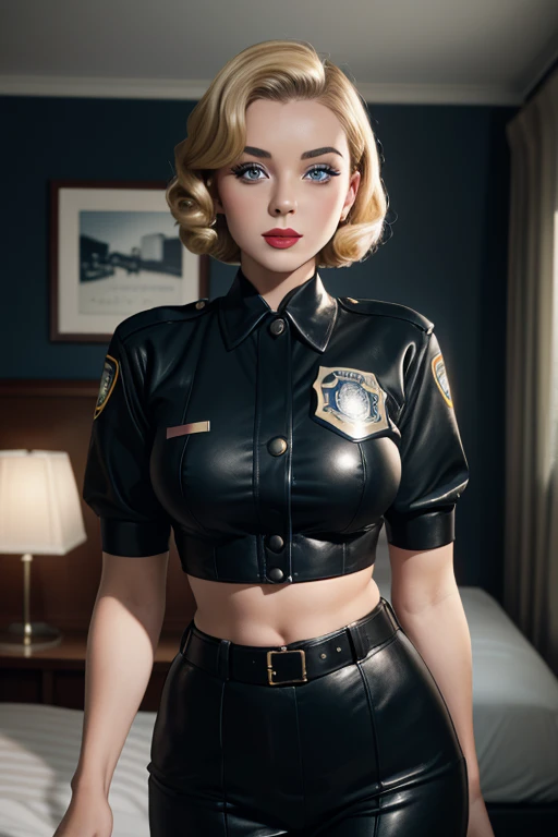 film portrait of an attractive police woman, 1950s vintage, black lipstick, (film grain, 35mm, kodak), black uniform, midriff, huge hips, blonde short hair, blue eyes, hotel bedroom