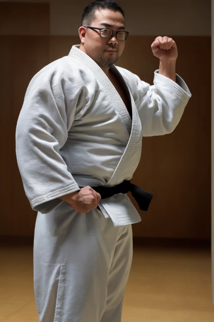 An award-winning original photo, stock photo, george pei, 1boy, solo, 40 years old male, mature male, masterpiece, round face, short beard, stumble, glasses, big chest, big abs, bulge, little obese, beefy body, muscular, Dynamic Angle, volumetric lighting, (Best quality, A high resolution, Photorealistic), Cinematic lighting, Masterpiece, RAW photo, Intricate details, hdr, depth of field,  white judo clothes, fight in the dojo, hand to hand combat,