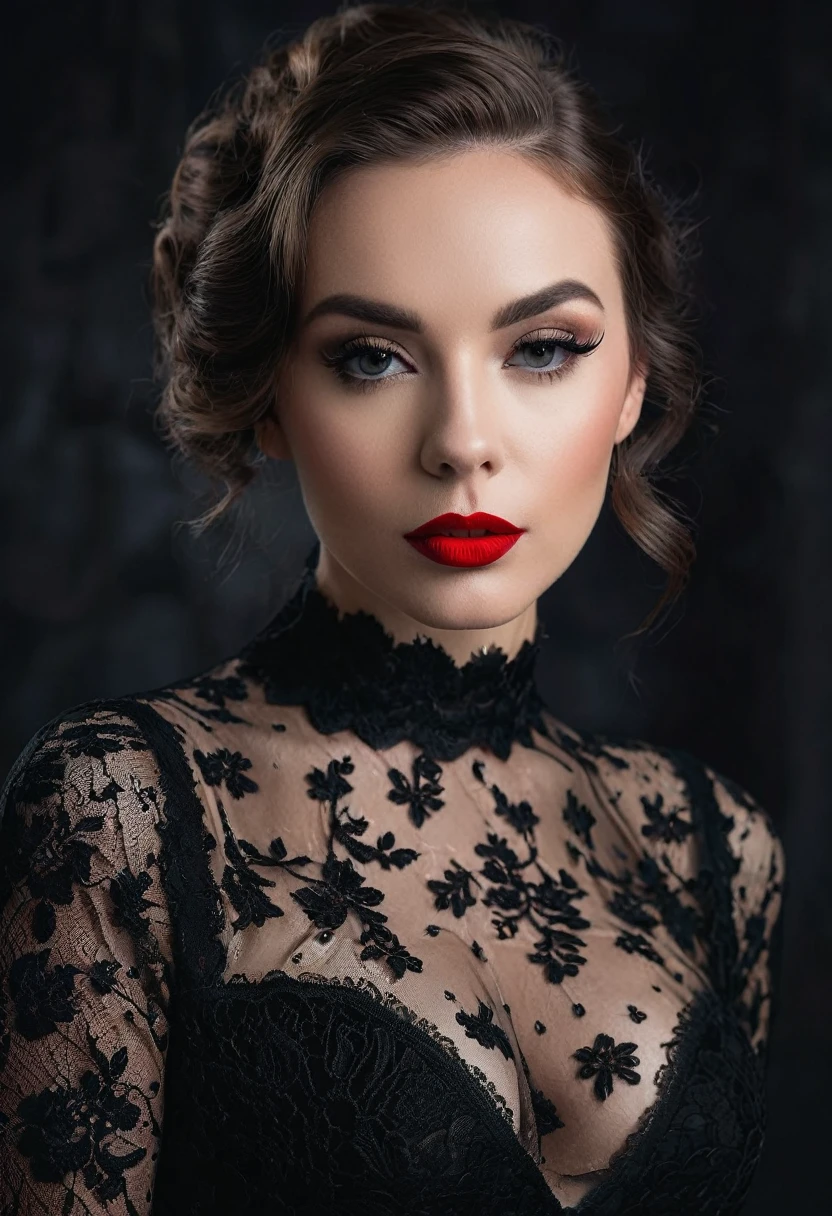 there is a woman with a black dress and a red lipstick, dressed in black lace, glamour portrait, lacey, portrait stunning, 4 k glamour photography, black lace, glamour photography, photoshoot portrait, high quality portrait photoshoot, full face and body portrait, dark and intricate, cait miers