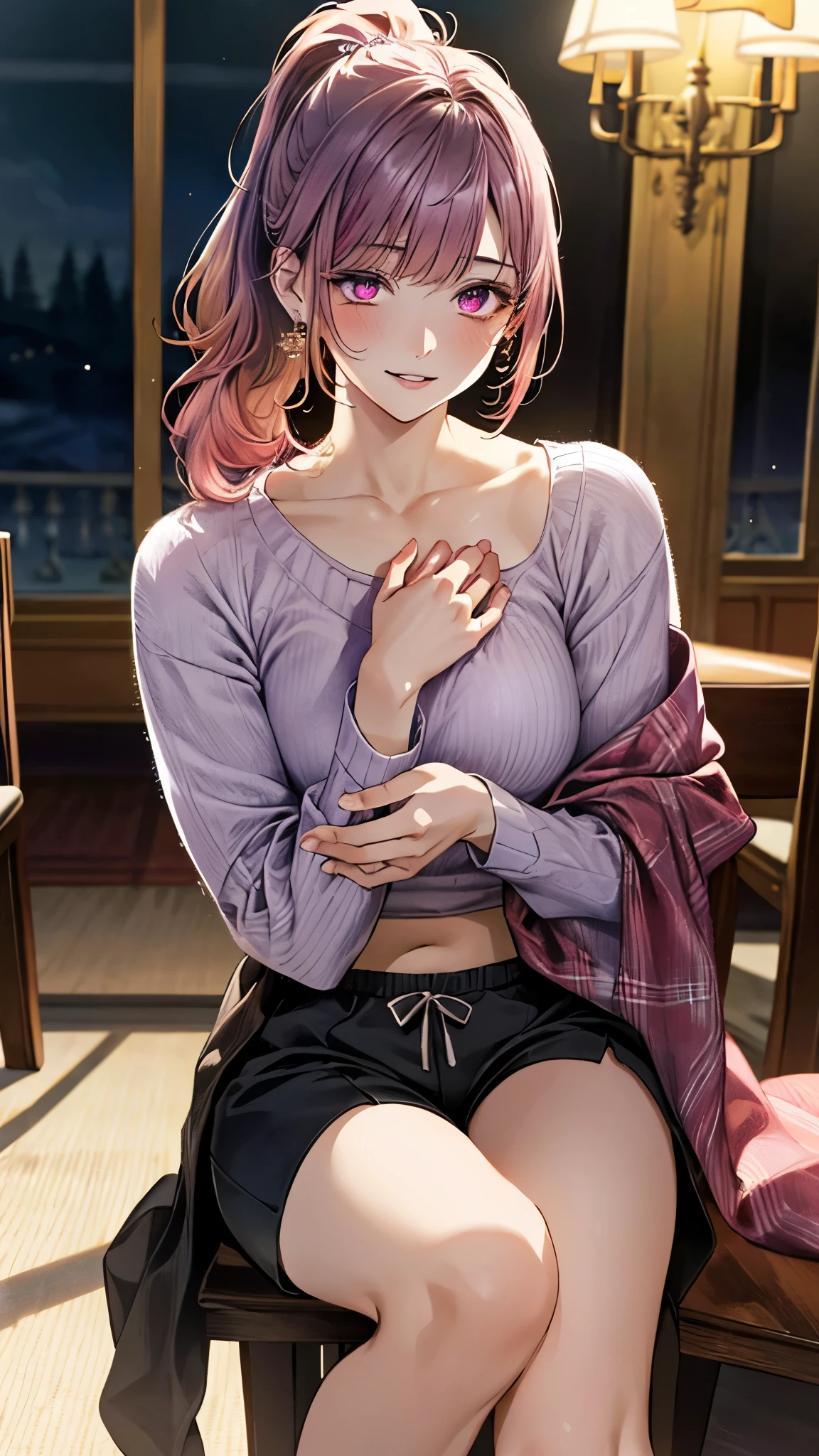 (masterpiece:1.3, top-quality, ultra high res, ultra detailed), (realistic, photorealistic:1.4), beautiful illustration, perfect lighting, natural lighting, colorful, depth of fields, surrealism,
beautiful detailed hair, beautiful detailed face, beautiful detailed eyes, beautiful clavicle, beautiful body, beautiful chest, beautiful thigh, beautiful legs, beautiful fingers, shiny skin,
looking at viewer, 1 girl, japanese, 18 years old, (perfect anatomy, anatomically correct, super detailed skin), cute and symmetrical face, face, perfect face, perfect eyes, slender,
(long hair:1.8, ponytail), break, break, ((pink hair)), blunt bangs, maroon eyes, slant eyes, long eye lasher, (medium breasts, seductive thighs), bare legs, (cleavage:0.3, shoulder:0.5),
(detailed cloth texture), black hair chouchou, break, (light purple long-sleeve lounge sweater, light purple lounge shorts), crop top,
(beautiful scenery), evening, (dining room), hand on chest, (lovely smile, upper eyes, parted lips),