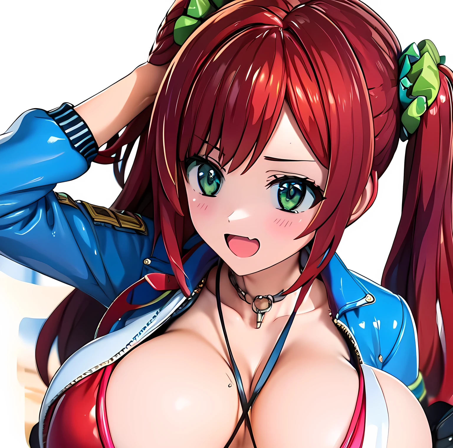 best quality, masterpiece, extremely detailed CG, official art , professional lighting, sakimiyairuka, red hair, green eyes,(one side up), medium hair, side ponytail, green scrunchie, hair ornament, perfect face, shiny skin, bikini, 