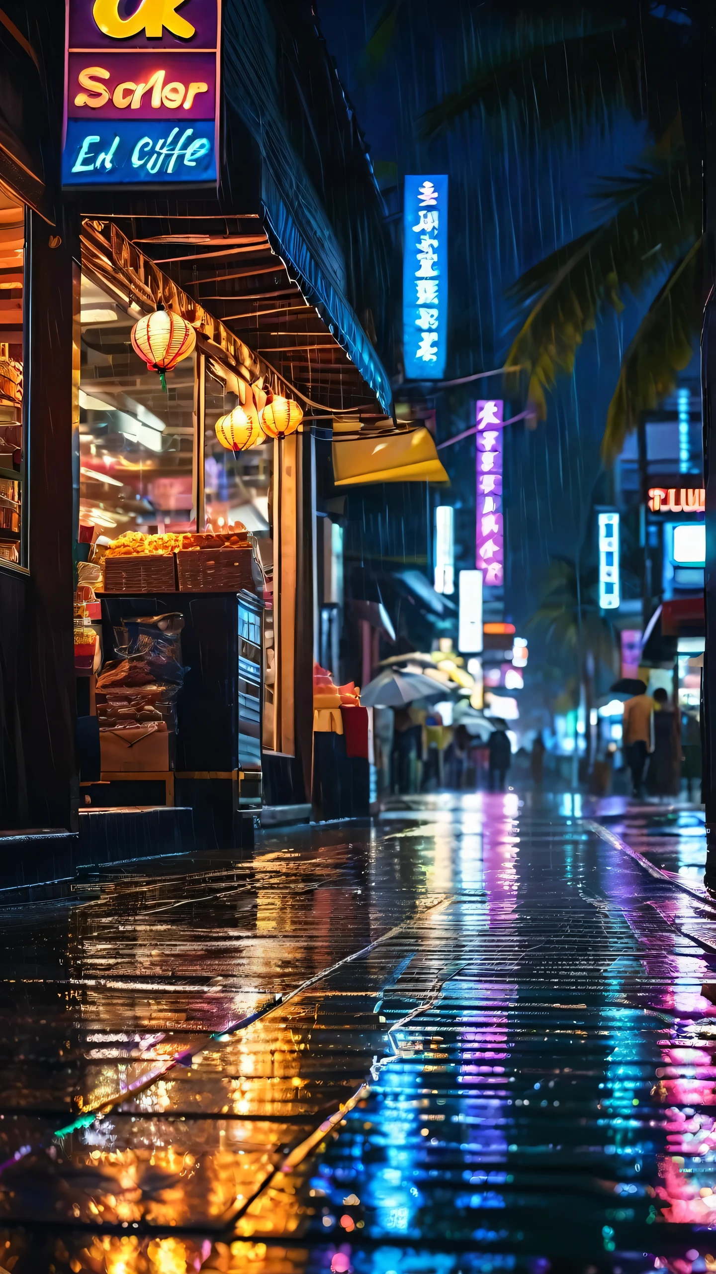 (best quality,4k,8k,highres,masterpiece:1.2),ultra-detailed,(realistic,photorealistic,photo-realistic:1.37),HDR,UHD,studio lighting,ultra-fine painting,sharp focus,physically-based rendering,extreme detail description,professional,vivid colors,bokeh,midnight convenience store,rain,night scene,neon lights,reflections in puddles,glowing storefront, silhouette,city streets,umbrellas,shimmering wet pavement,moody atmosphere,spilled fruits and vegetables on display,variety of snacks on shelves,smell of freshly brewed coffee,stacks of magazines,hanging lanterns,running cash register,flickering fluorescent lights,steamy windows,streets slick with rain,flickering streetlights, figure walking through the rain,umbrellas casting shadows,noise of raindrops hitting the pavement,dark corners and hidden alleys,palm trees swaying in the wind,blurred headlights passing by,wet footsteps leaving marks on the ground,serene yet mysterious,night owl,late night conversations,quiet and peaceful with a touch of nostalgia.