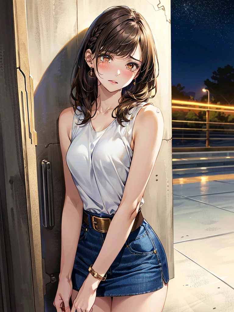 (((one person))),(masterpiece:1.3, highest quality), Ultra-high resolution, Super detailed, (Realistic, photoRealistic:1.4), Beautiful illustrations, Perfect lighting, colorful, Depth of written boundary, View your viewers, (Face Focus, Upper Body), ((1 girl)),(( one personで)),((Cowboy Shot)), High female high school student, Sculpture model, (Small breasts:0.8, Small Ass, Thin thighs, Skin dents), (Middle Hair:1.2, Light brown hair), bangs, braided bangs, (Golden Eyes), Droopy eyes, Lips parted, Shiny skin, Beautiful Hair, Beautiful Face, Highly detailed face, Beautiful fine details, Beautiful clavicle, Beautiful body, Beautiful breasts, ((Beautiful thighs)), Beautiful feet, Beautiful fingers, (Detailed cloth texture), (Denim mini skirt, belt), (White sleeveless collared shirt:1.6), (((watch))), (Monotone background)), ((night)),((Large space)), ((Leaning against the wall)), ((Drunk hiccups:1.3)),(((to tears))),(Exposing thighs),(((Full Body Shot))),((Small breasts)),((Low - Angle)),(Gold bracelet on upper arm)