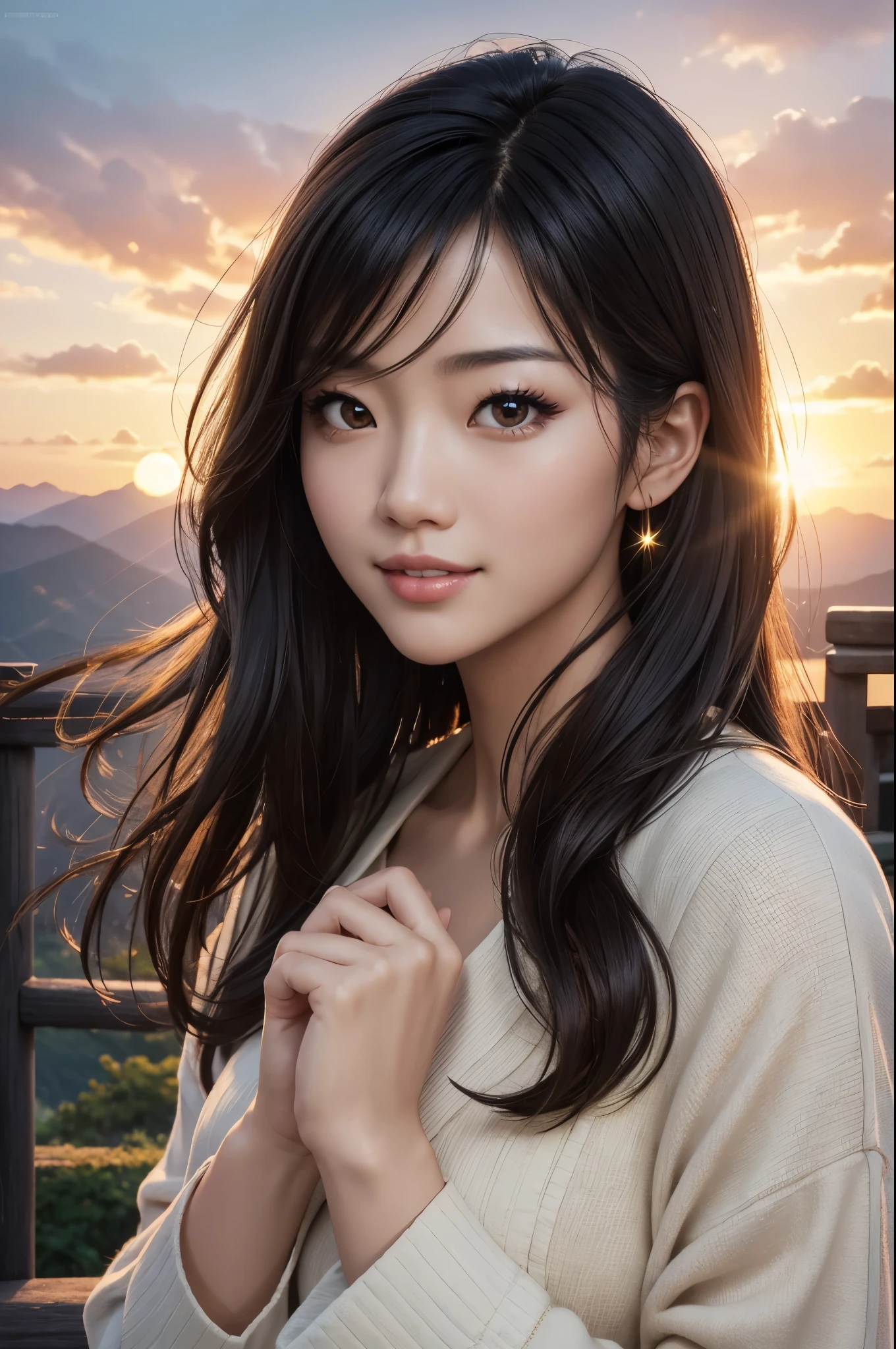 8K,Japanese woman watching the sunset,Super Beauty(Like the real thing),Gorgeous,Middle-aged women,Mountain Observatory,Portraiture, The perfect angle、Professional quality high resolution、Perfect contrast、Perfect lighting、Perfect composition、Perfect Skin、Perfect Fingers、Perfect breasts、Perfect Hair、Perfect Face、Realistic facial features、masterpiece,masterpiece,Photorealistic RAW photos,Bright colors,Rich colors,50mm lens,Nikon D850,super highest quality,Slim figure,Perfect body line,Perfect hand shape,Anatomical body balance,Highly detailed face,Highly detailed eyes,Beautiful Lips,Excellent light particles,Cinema Lighting,Outdoor clothing,Makeup,Outdoor attire,smile,