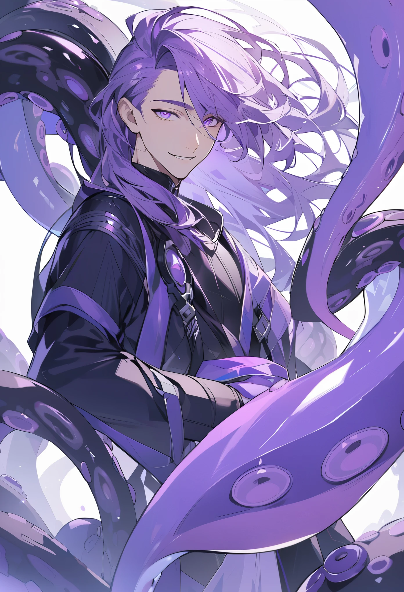 Handsome, Solitary, 1 male, Long hair, lilac hair, Lilac eyes, white and purple clothes, Smiling face, Futurism，Tentacles，