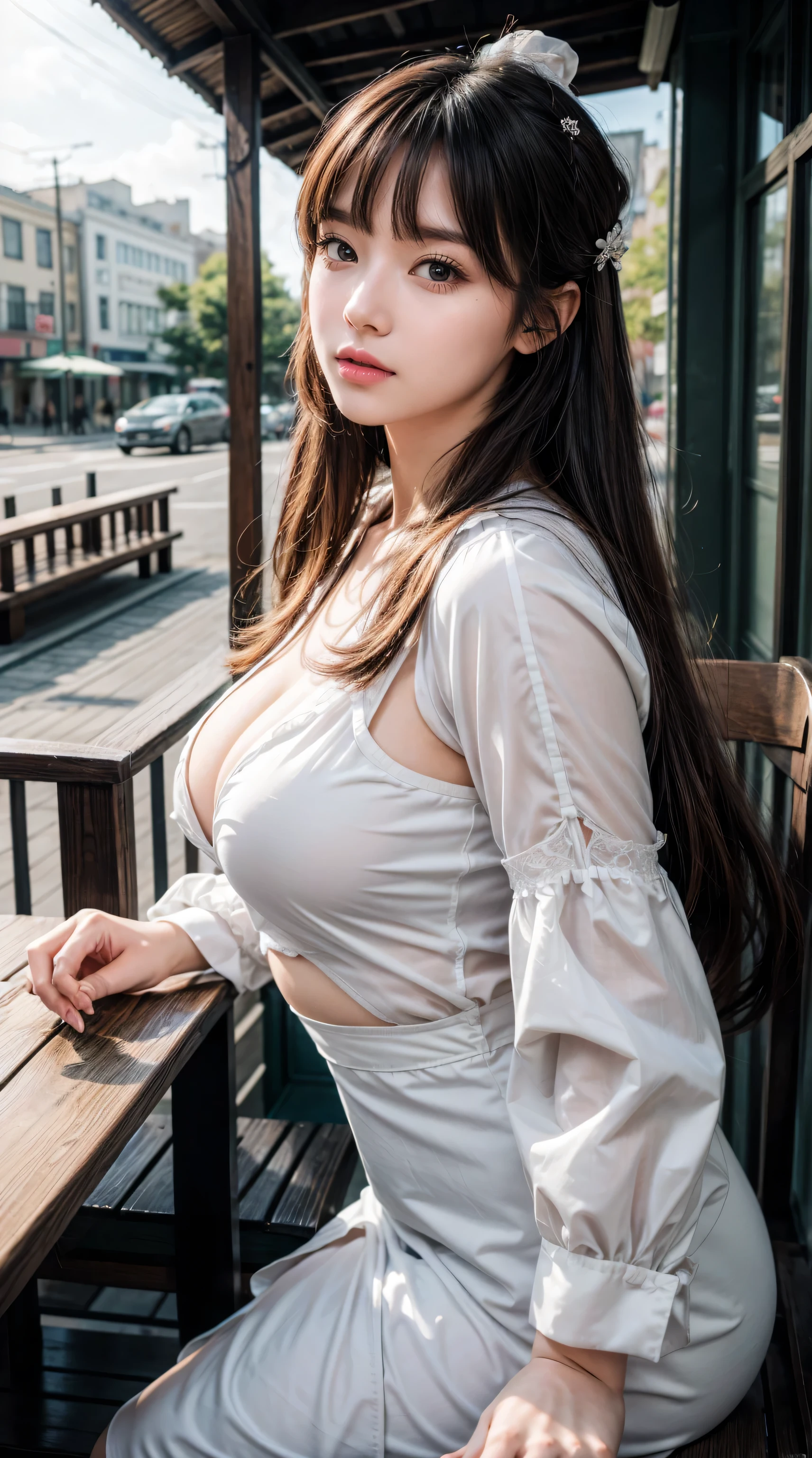 masterpiece, Best of quality, Eyeliner, Eyeshadow, Looking at the audience, Curvy beauty, (full-body shot) of (dollienobodysd15:0.8) Wear (Party Costumes:1.2), 1 Girl, Unique, Long hair, soft breasts, giggle, Sleeveless, Bangs, blush, Garment cutting, Long hair, Glossy skin, Square outdoor seating, partly cloudy, Upper Body, Super detailed, illustration, 