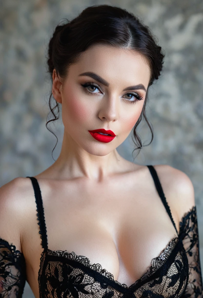 there is a woman with a black dress and a red lipstick, dressed in black lace,tits visible, nude, glamour portrait, lacey, portrait stunning, 4 k glamour photography, black lace, glamour photography, beautiful, photoshoot portrait, high quality portrait photoshoot, full face and body portrait, dark and intricate, cait miers