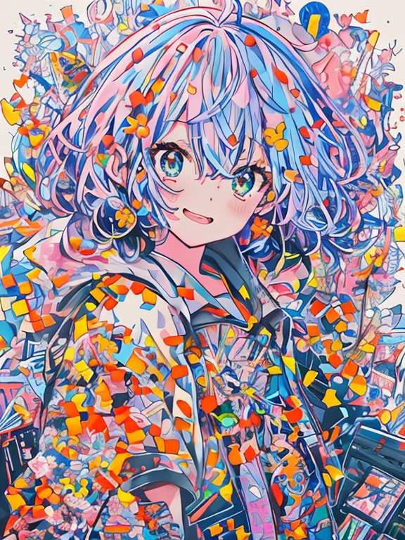 Anime girl with blue hair and a colorful jacket surrounded by many objects, Detailed anime artワーク, Trending Anime Art, anime art wallpaper 4k, anime art wallpaper 4k, Beautiful anime artwork, clean Detailed anime art, Detailed anime art, Anime Graphic Illustration, Detailed digital anime art, Anime Art Wallpapers 8K, Trending Anime Art, Anime illustration, Anime Style 4k