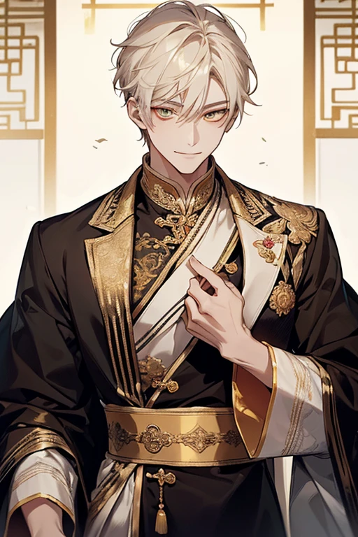 1 male, Calm, aldult, good looking, White shorthair, ((Golden Eyes)),Exquisite facial feature details,Beautiful Eyes, Royalty, prince, Wearing black Chinese clothing,The clothes are embroidered with gold, Chinese classical palace, aldult face, close, An indifferent smile,Mild