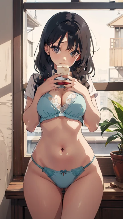an anime in saia and gravata playing with herself by a window, 1 garota, sozinho, tremendo, pangravatas, roupa de baixo, peito, corar, cabelo castanho, saia, olhos verdes, gravata, camisa branca, camel toe, black pangravatas, red gravata