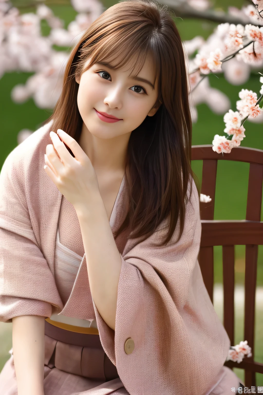 (8k、RAW Photos、highest quality、masterpiece:1.2)、Instagram Beauty，Very detailed、超A high resolution、High-resolution RAW color photos、Professional photos、Very delicate and beautiful、wonderful、finely、Very detailedな美しい女の子、Very detailedな顔、Very detailedな目、Very detailedな肌、Very thin fingers、Very detailedな鼻、Very detailedな口、Perfect Anatomy、Cute Japanese Women Photos、 1 girl、((Brown layered hair))、(in house)、22 years old、、Sit on a chair、Cherry blossom background
