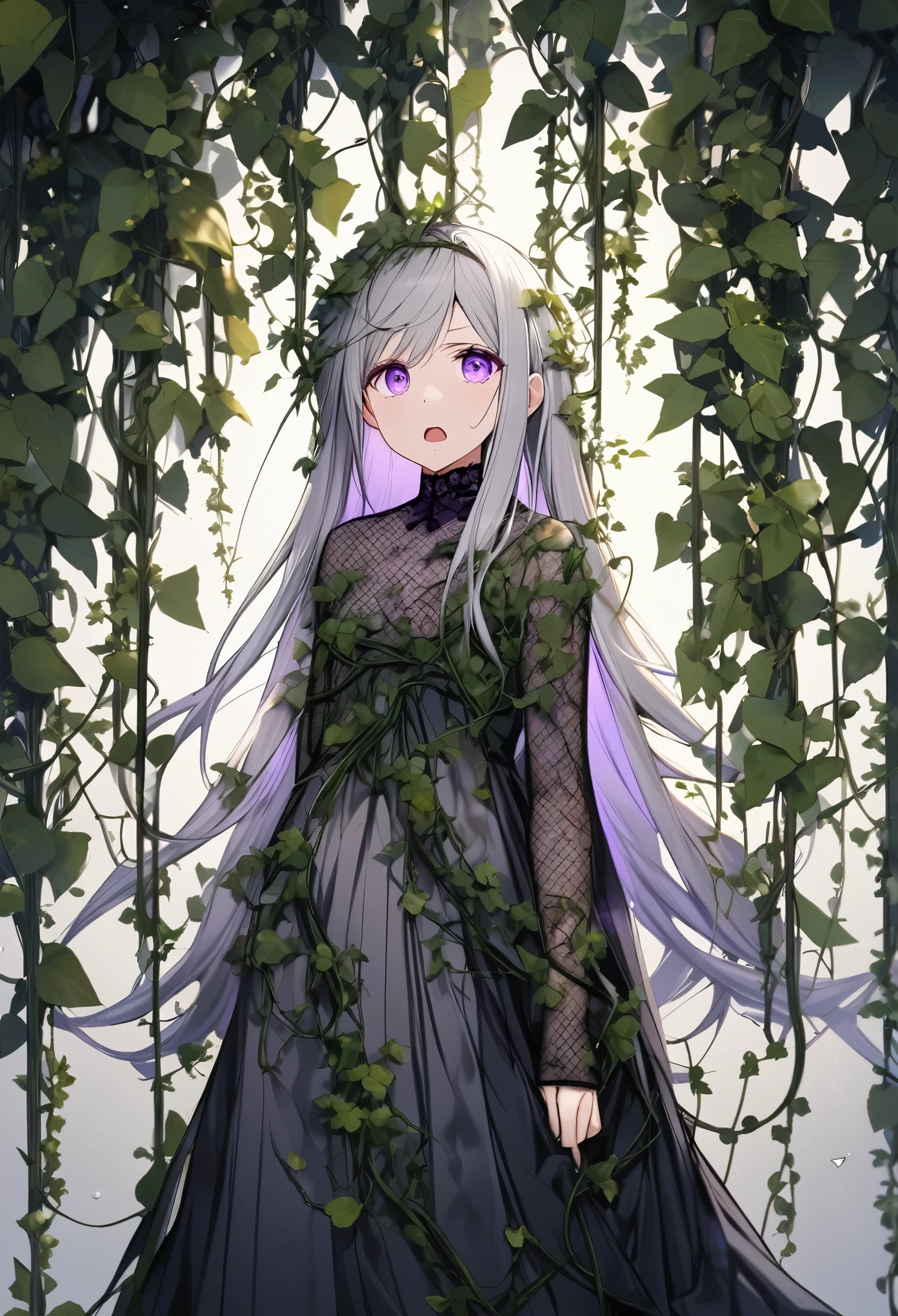 ((Masterpiece)), (Anime:1.5), ((best quality)), (RAW photo:1.2), (High Definition:1.3), (Professional Photography:1.2), (glowing light), 1girl, (Beautiful violet eyes:1.3), silver hair, very long hair, (wariza:1.2), pale skin, BREAK, open mouth, sad, (flat chest), (vines dress:1.4), (dress made of vines:1.2), BREAK, ((best quality)), (Background of Thorny vines:1.4), (despair:1.3), gothic, (dark yellow Thorny vines:1.3), leaves, (vines tree), violet, heavy Monochrome, (depth of field:1.4)