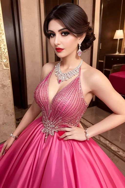 Lebanese woman, diamond dangling earrings, necklace, bracelets, small breasts, 40 years old, smokey eyes, cleavages, red lips, innocent face, hot pink fashion ball gown, stylish hairstyle, posing, modeling,