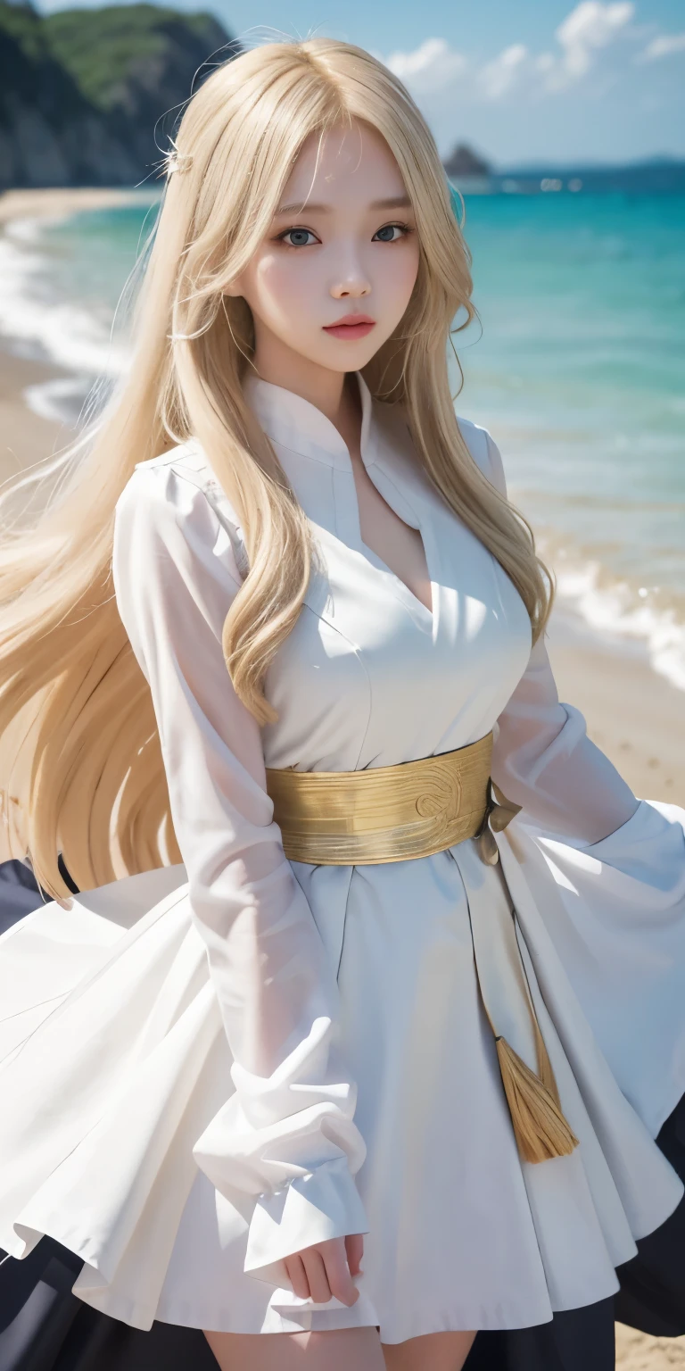 Long blond hair、Dressed in a white dress、anime girl walking on the beach, anime goddess, Kushatt Krenz Key Art Womenswear, Popular on artstation pixiv, long-haired blonde anime girl, Guweiz in Pixiv ArtStation, Cute anime girl in a beautiful skirt, Digital art on pixiv, Azure Lane style, Guweiz on Artstation Pixiv，Long blond hair，White clothes，fixing