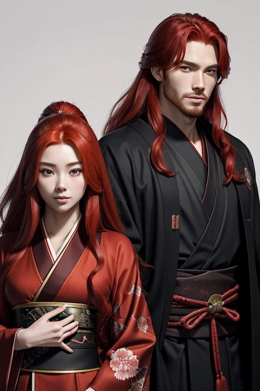 A red-haired man with a ninja suit and a long-haired red-haired woman with a kimono who are from a clan from ancient Japan. The two are cousins and a couple, both of them are young and handsome. 