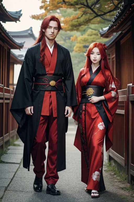 A red-haired man with a ninja suit and a long-haired red-haired woman with a kimono who are from a clan from ancient Japan. The two are cousins and a couple, both of them are young and handsome.
