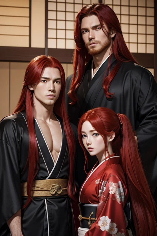 A red-haired man with a ninja suit and a long-haired red-haired woman with a kimono who are from a clan from ancient Japan. The two are cousins and a couple, both of them are young and handsome.