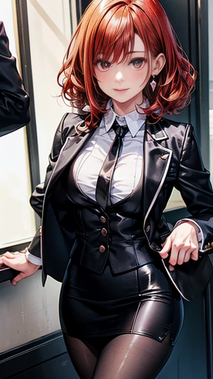 ((highest quality)), ((masterpiece)), (detailed), (Character Focus、breast focus), (One Girl: 1.5)、4k、((Symmetrical facial features)), Anime 2D Rendering, Realistic young anime woman,
Perfect Face, (Anime eyes:1.2、Beautiful fine details、Shining Eyes), Beautiful body, Beautiful thighs, Beautiful feet, White beautiful skin、Perfect round butt、 Slightly larger breasts、20-year-old、
Red hair、(Short Perm Hair)、dark red eyes、Earrings、
(Black ribbon tie), (white collar dress shirt), (Black suit jacket:1.4), (black suit vest:1.4)、(Black shiny pencil mini skirt:1.4)、(Black Pantyhose:1.4)、(Black High Heels)
Captivating smile、turn around、office