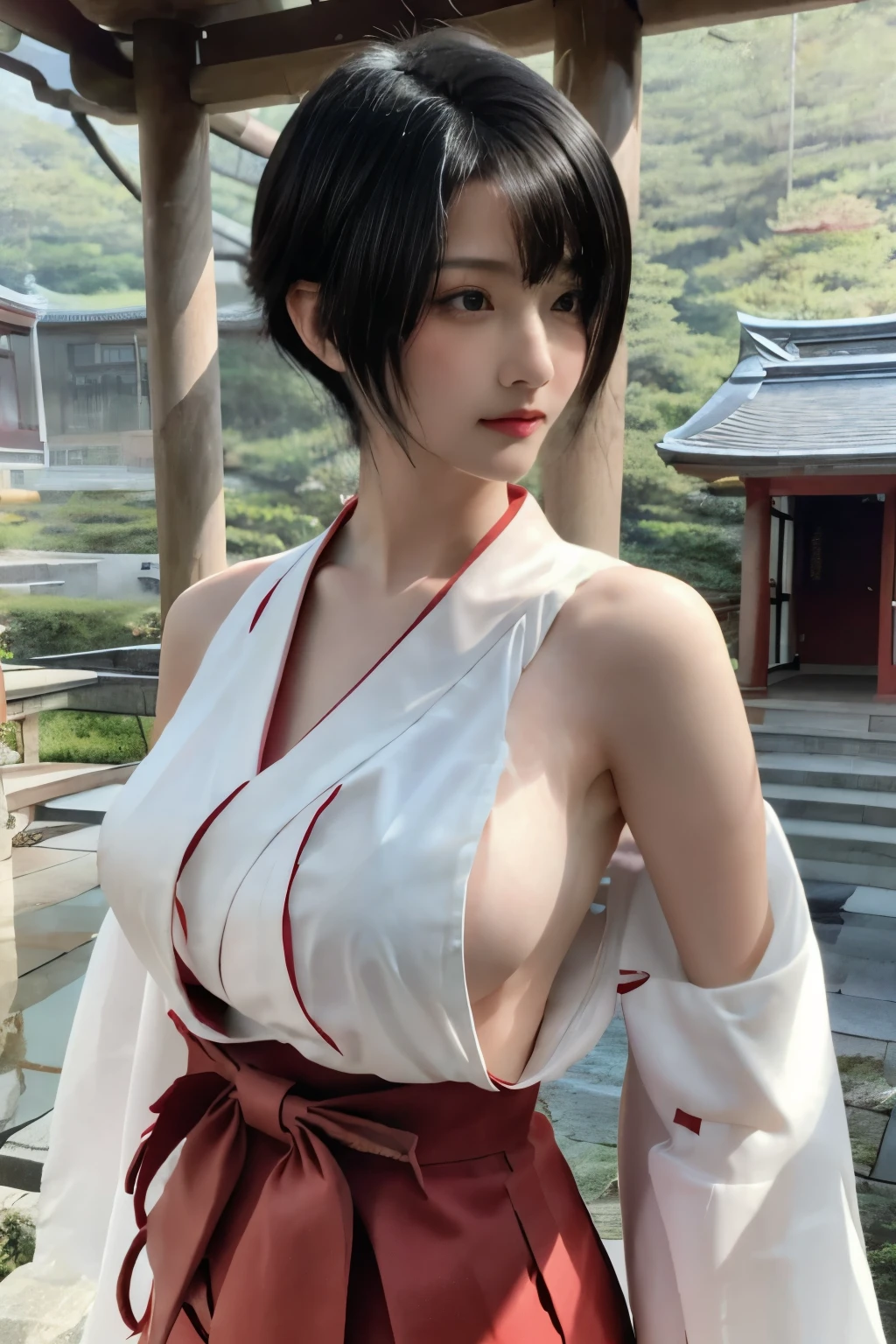 Masterpiece、highest quality、Woman 1、Long-limbed woman、Photo realistic、Super detailed、Gravure idol、View from the side　Black Hair、short hair、Straight Hair　Red Hakama、Shrine maiden、White kimono、No sleeve　Sideide boob、Large Breasts　Gravure pose　shrine