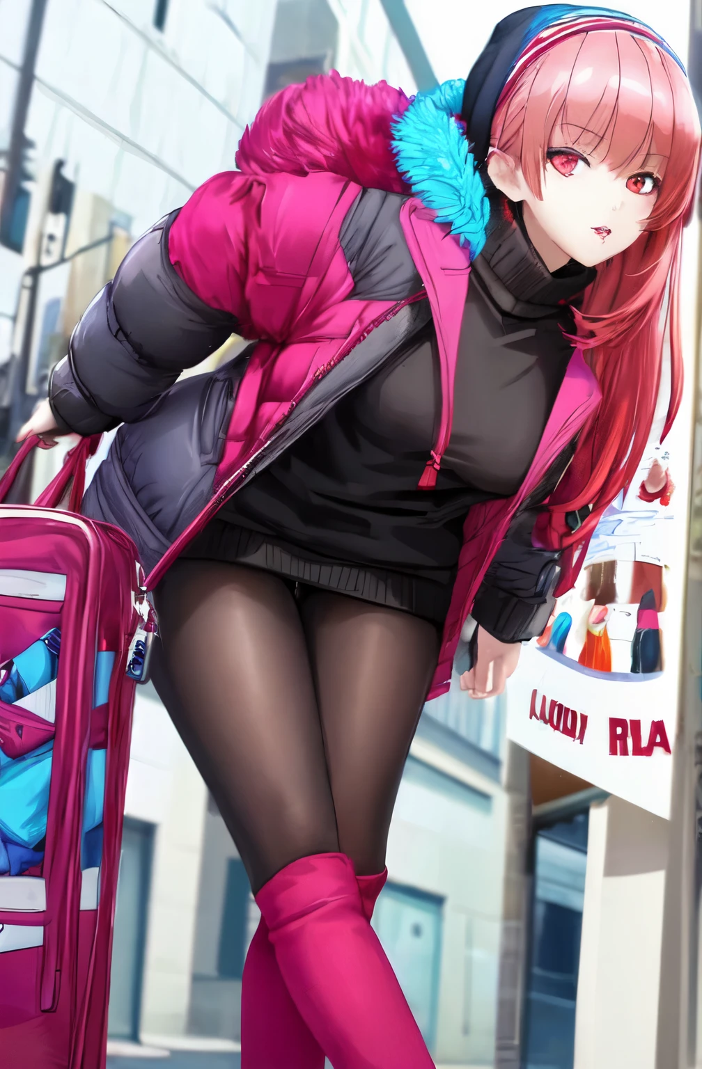 ((masterpiece)), (highest quality), (detailed), One girl,
View your viewers,  (lipstick:0.75), Leaning forward,

Colorful thighs,
winter, Vibrant colors,
 