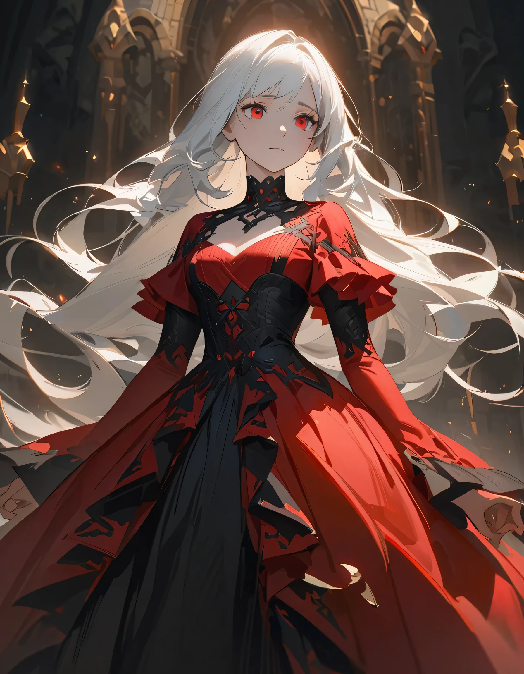 woman in a black and red dress, girl wearing a black and red dress, in dress, beautiful alluring woman, cute waifu in a nice dress, gothic maiden girl, red eyes, white hair, 8k high quality detailed art, beautiful anime girl, guweiz, beautiful anime woman, attractive anime girl, sad