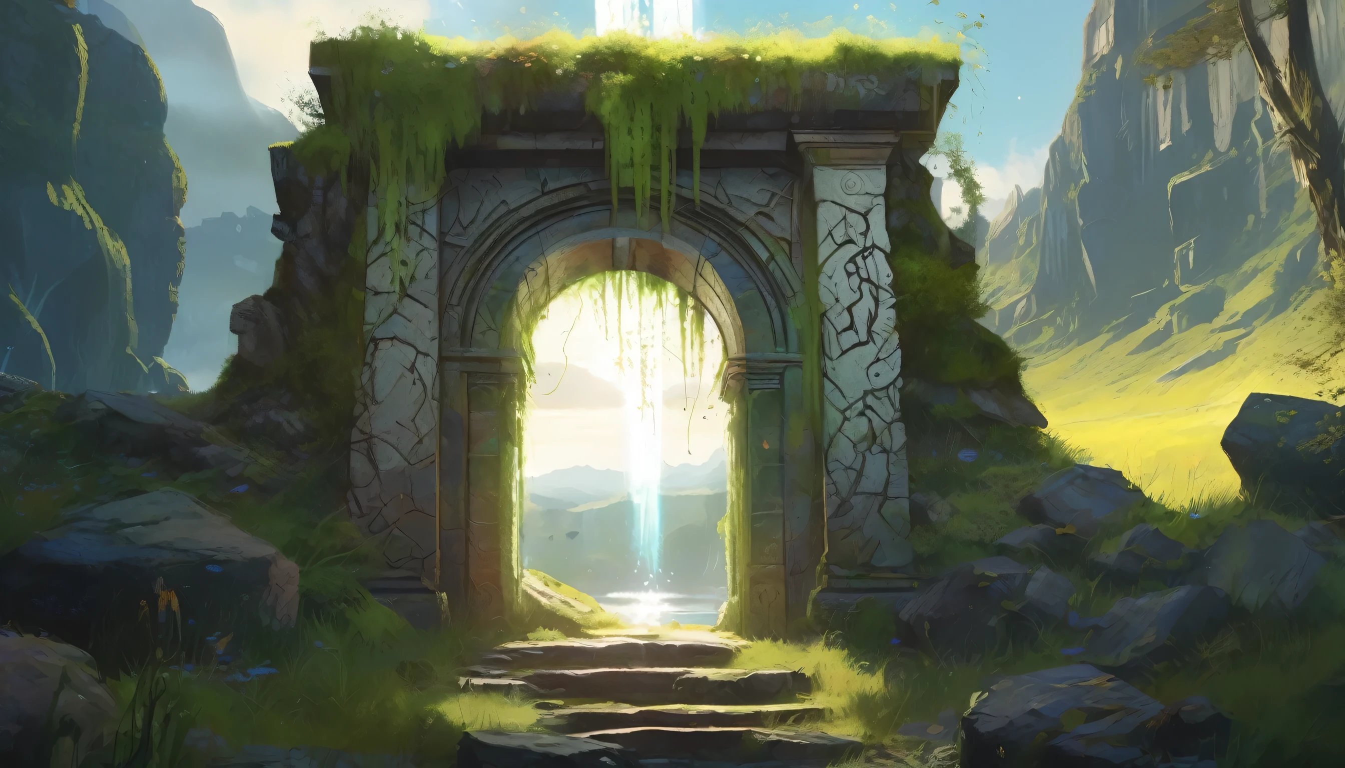 Ultra realistic painting of a forgotten gateway, mysterious ancient portal surrounded by vines and moss, crumbling stone archway with glyphs and runes, swirling waterfall in the portal, stars and mountains, leading to another time and dimension, digital art, trending on artstation, by Ashley Wood and Simon Stålenhag, (((sunlight,Lens flare)))