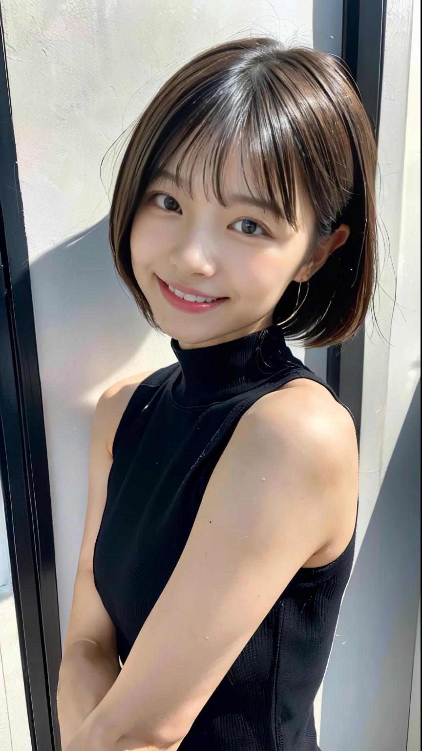 (highest quality、32k、masterpiece、Ticker:1.2)、One woman、((Beautiful Japanese Women))、(Beautiful girl)、Narrow waist、Black tight knitwear、((Short Hair))、20-year-old、A white room bathed in the morning sun、(Cute pose:1.2)、(smile:1.5)、Touching hair gesture、