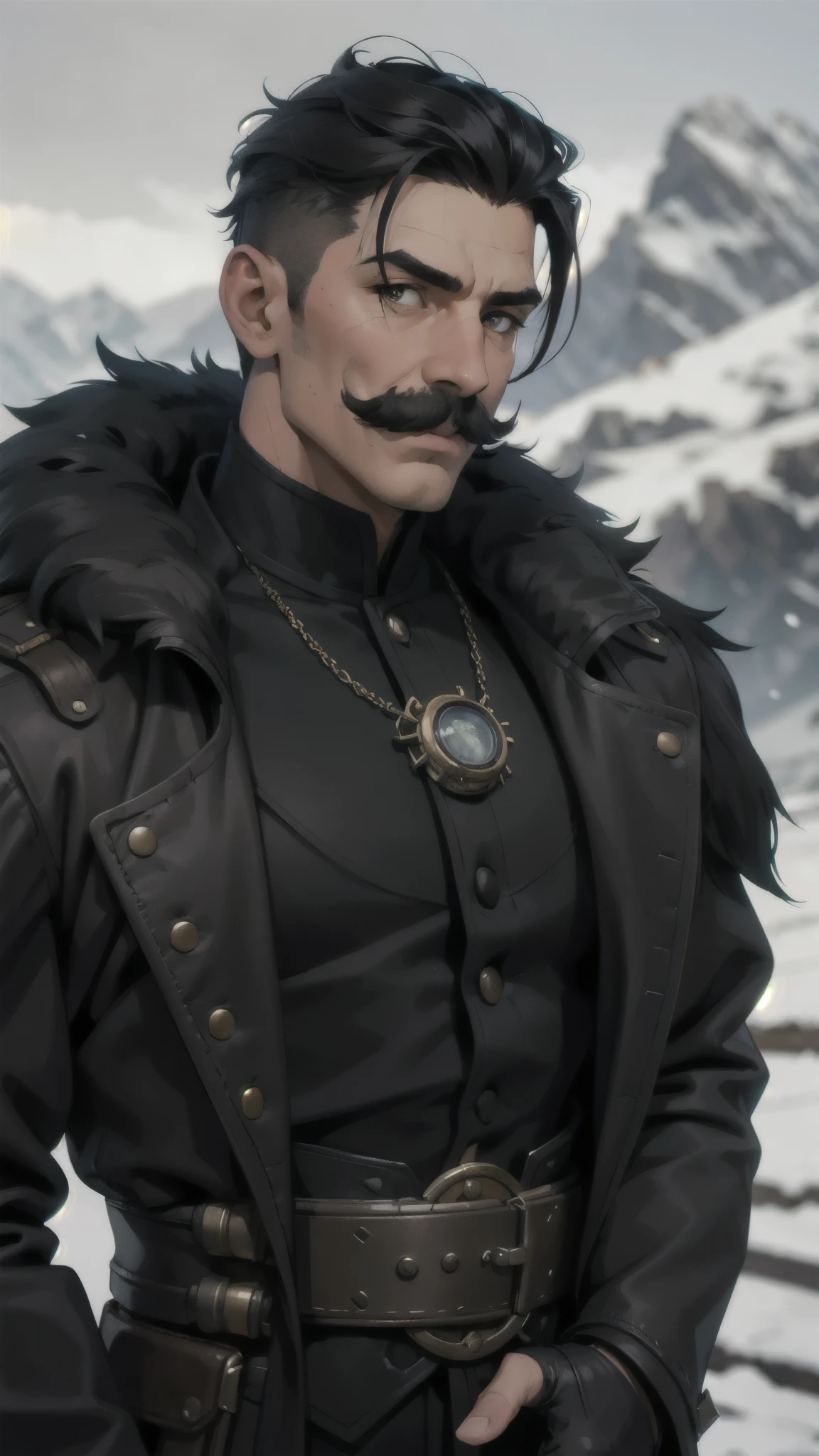 steampunk man, short hair, undercut, mustache, black fur coat, detailed face, early morning, snowy mountains, depth of field, blurry background
