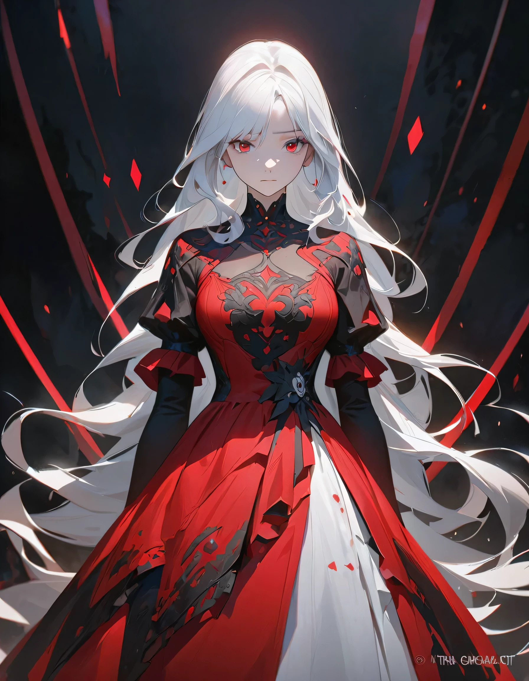 woman in a black and red dress, girl wearing a black and red dress, in dress, beautiful alluring woman, cute waifu in a nice dress, gothic maiden girl, red eyes, white hair, 8k high quality detailed art, beautiful anime girl, guweiz, beautiful anime woman, attractive anime girl, sad