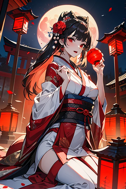 1 female,Masterpiece,Detailed body,Detailed facial expressions,Beautiful Face,A profusion of flowers,Flowers falling,Alluring,sex appeal,Japanese style,Red lantern,(Big red full moon)