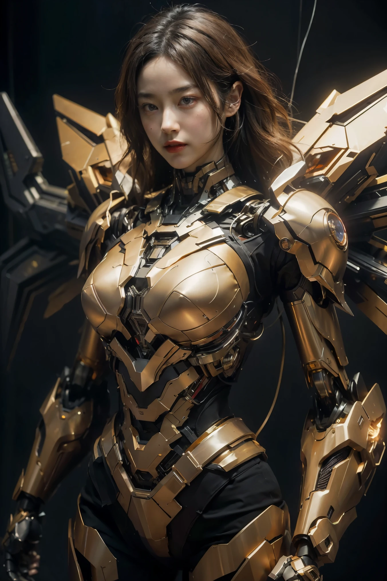 ((Masterpiece, best quality)), illustration, 8K ultra-detailed, realistic, clear focus, highly detailed, professional lighting, gold and red colored details, rainbow color break, super long factory photo, large mechanical robot structure, microchip, computer, luminescence, intricate details, shitu-mecha, 1girl, wearing mecha, sports pose,large breasts, black